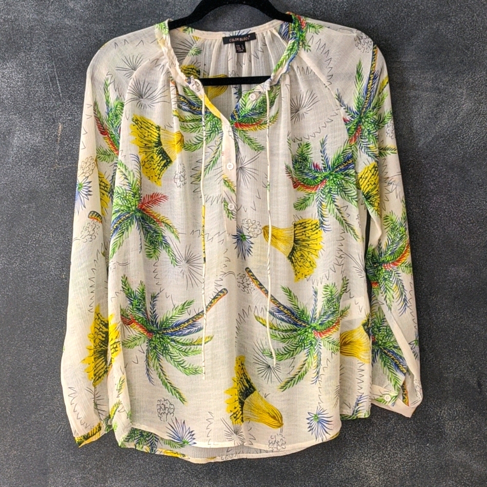 Color Block Sheer Buttoned Popover Shirred Tropical Blouse